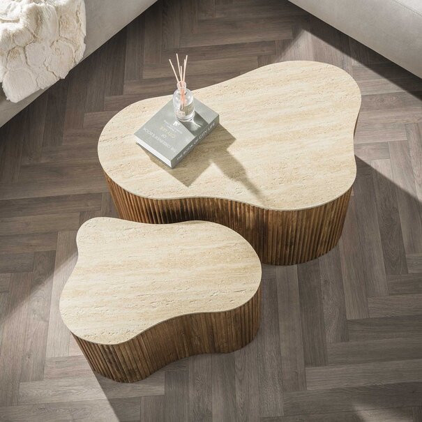 BelaLuz Modern Scandinavische salontafel Nuovo shamrock set van 2 travertin mangohout