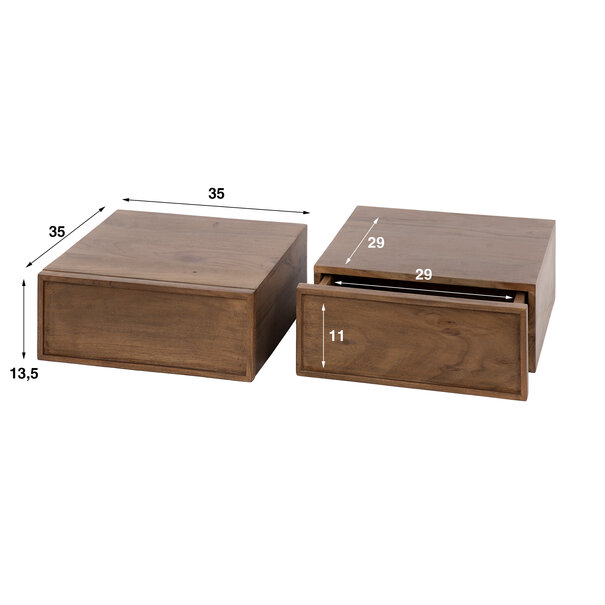 BelaLuz Landelijk modern nachtkastje Como set van 2 zwevend massief acacia bruin