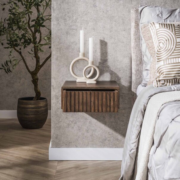 BelaLuz Landelijk modern nachtkastje Carve zwevend 1 lade set van 2 acacia bruin