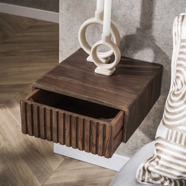 BelaLuz Landelijk modern nachtkastje Carve zwevend 1 lade set van 2 acacia bruin