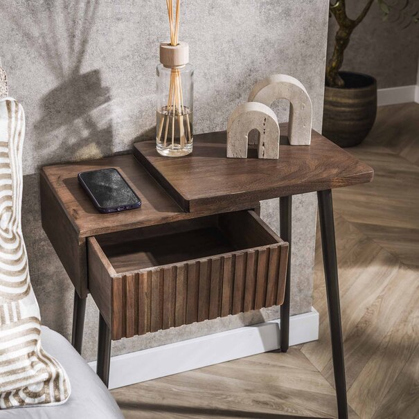 BelaLuz Landelijk modern nachtkastje Carve 1 lade rechts massief acaciahout bruin