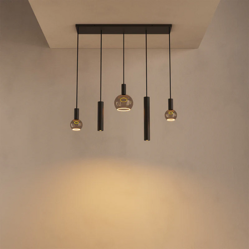 Modern industriële hanglamp Riva 5-lichts platinum op balk