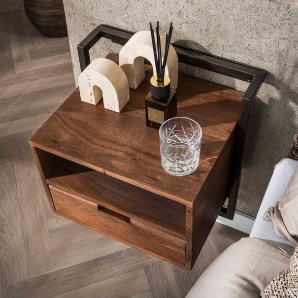 BelaLuz Modern landelijk nachtkastje Como open vak 1 lade massief acacia bruin