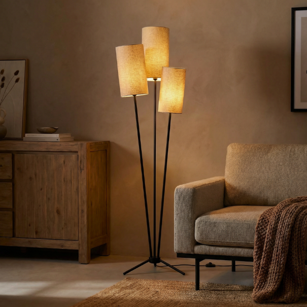 ETH Landelijke Japandi vloerlamp Zizal 3-lichts zwart crème