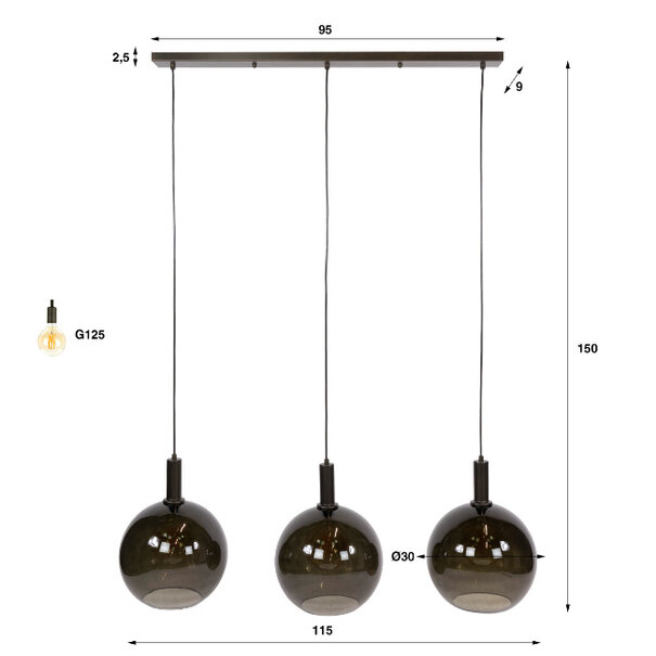 BelaLuz Modern hotel chique hanglamp Luna 3-lichts Sienna brown