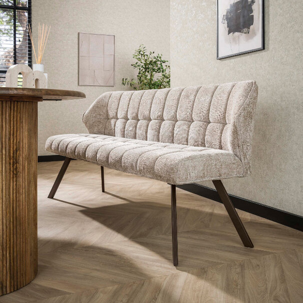 BelaLuz Moderne eetkamerbank Axis hoven zand met bronzen onderstel