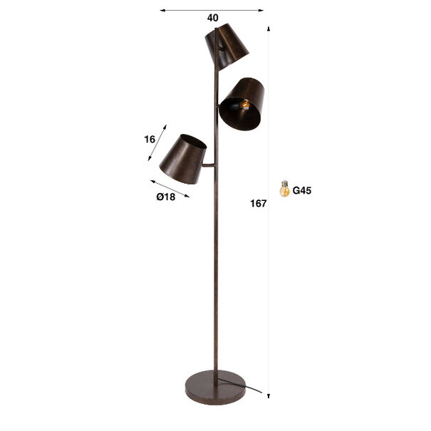 BelaLuz Modern industriële vloerlamp Ferro 3-lichts Urban brown