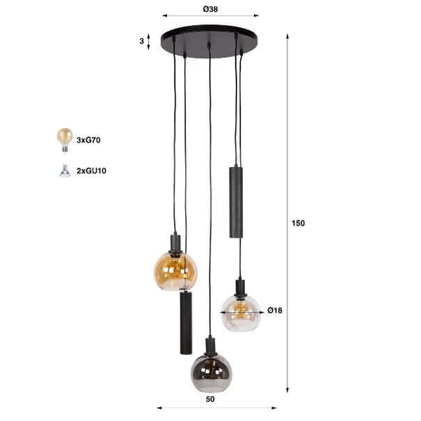 BelaLuz Moderne hanglamp Poly 5-lichts getrapt charcoal