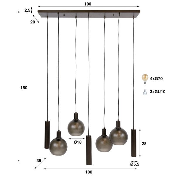 BelaLuz Hanglamp Waze 7-lichts Sienna brown met frosted glas