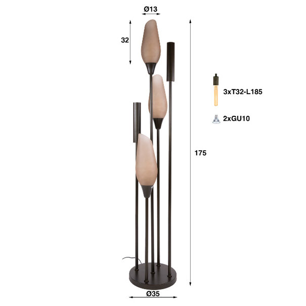 BelaLuz Modern design vloerlamp Phantom 5-lichts brown frosted glas