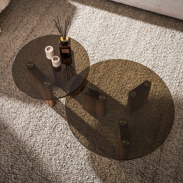 BelaLuz Retro vintage hotel chique salontafel Preto set van 2 rond brons glas