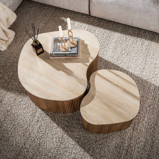 BelaLuz Modern Japandi salontafel Lorenzo shamrock set van 2 travertin organisch