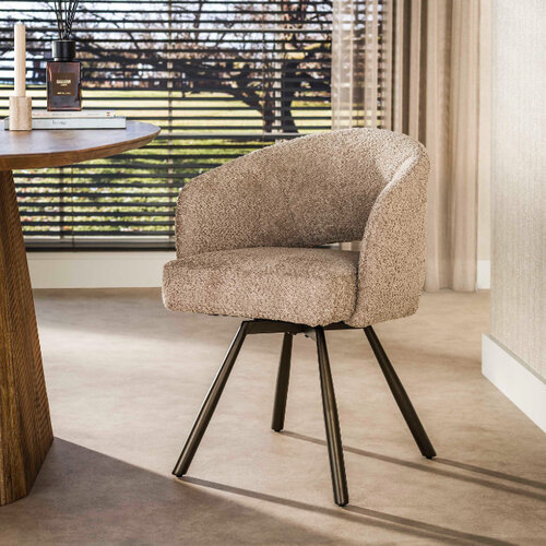 Hotel chique moderne eetkamerstoel Icon bouclé zand met brons onderstel