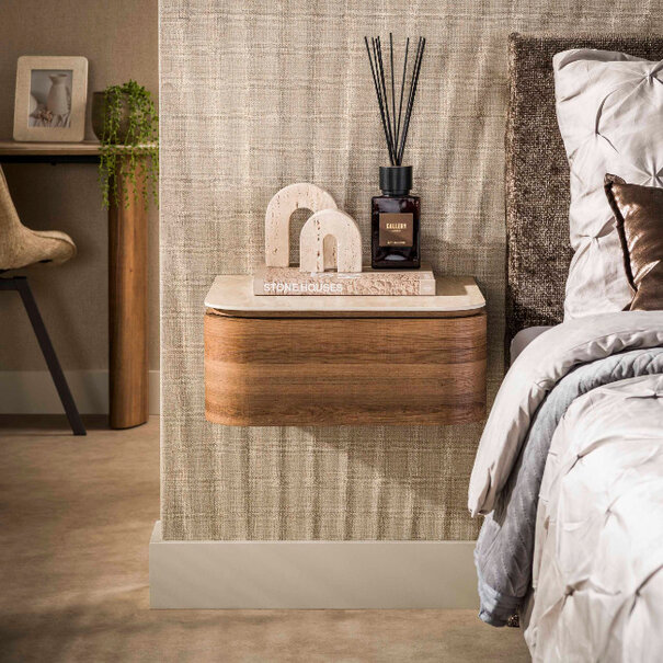 BelaLuz Hotel chique modern nachtkastje Cassetto zwevend 1-lade travertin en acaciahout