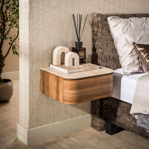 Hotel chique modern nachtkastje Cassetto zwevend 1-lade travertin en acaciahout