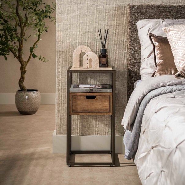 BelaLuz Hotel chique modern nachtkastje Cassetto XS 1-lade travertin en acaciahout