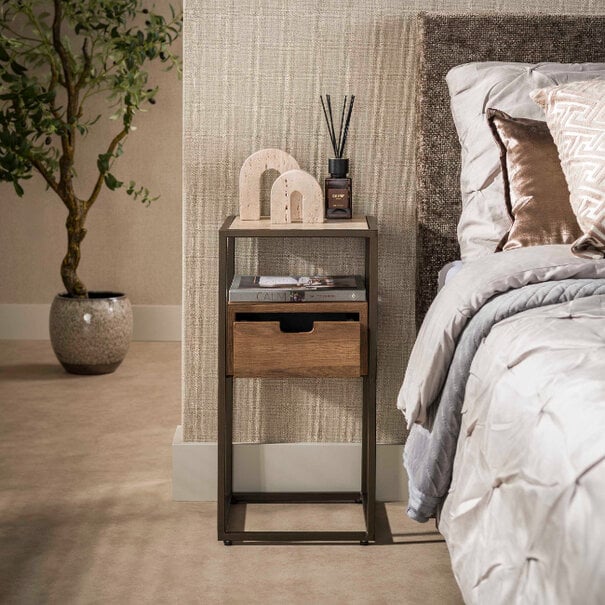 BelaLuz Hotel chique modern nachtkastje Cassetto XS 1-lade travertin en acaciahout