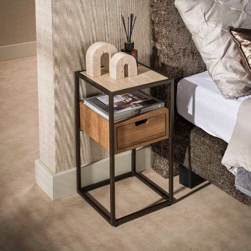 Hotel chique modern nachtkastje Cassetto XS 1-lade travertin en acaciahout