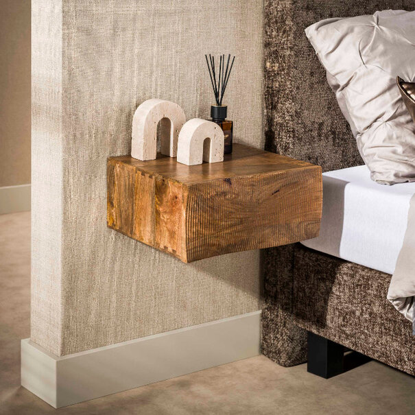 BelaLuz Landelijk design nachtkastje Tide zwevend 1-lade zandkleurig mangohout