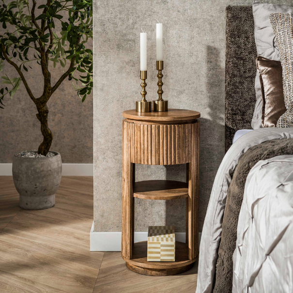 BelaLuz Landelijk modern nachtkastje Drex 1-lade XS rond zandkleurig mangohout