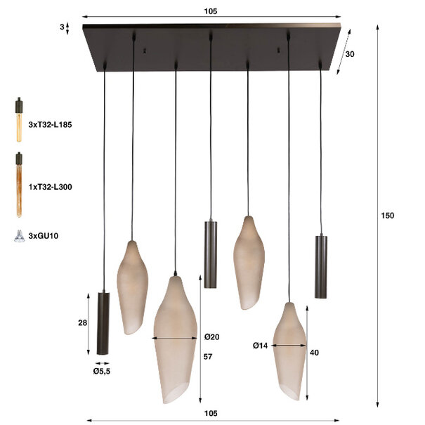BelaLuz Modern industriële hanglamp Phantom 7-lichts Sienna brown-frosted