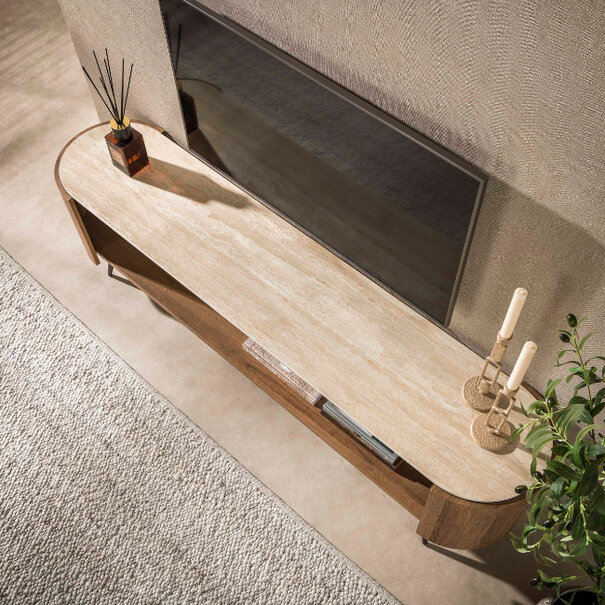 BelaLuz Japandi hotel chique TV-meubel Romano 3D keramiek travertin 180 cm