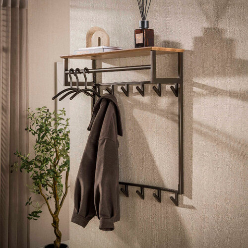 Modern industriële kapstok Peru 12 haken hoedenplank en roede Drift brown