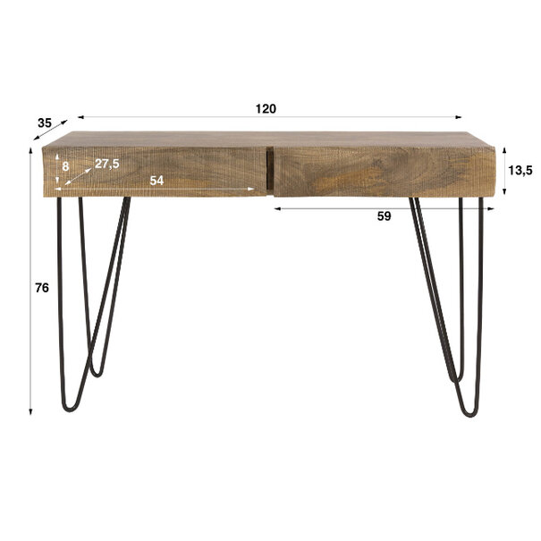 BelaLuz Design landelijke kaptafel Tide 2-lades Massief mango zand