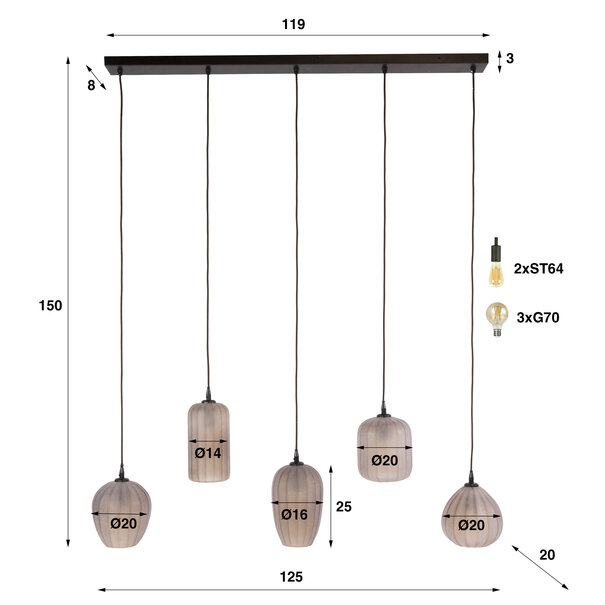 BelaLuz Retro hanglamp Ventura 5-lichts sienna brown frosted