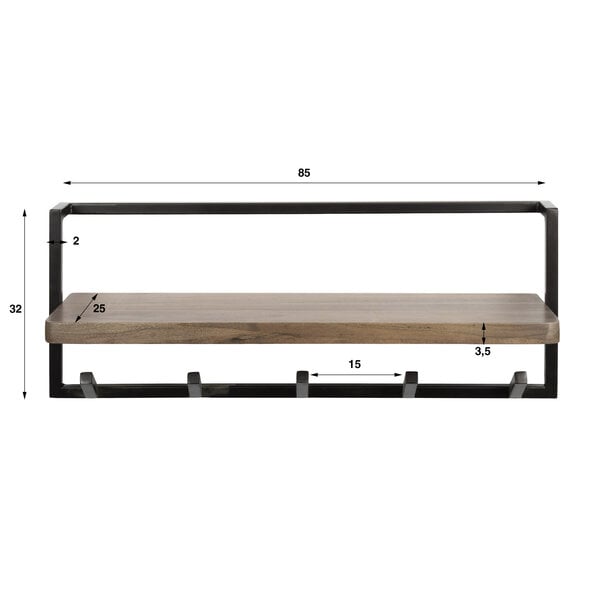 BelaLuz Modern industriële kapstok Como 6 haken Massief acacia bruin