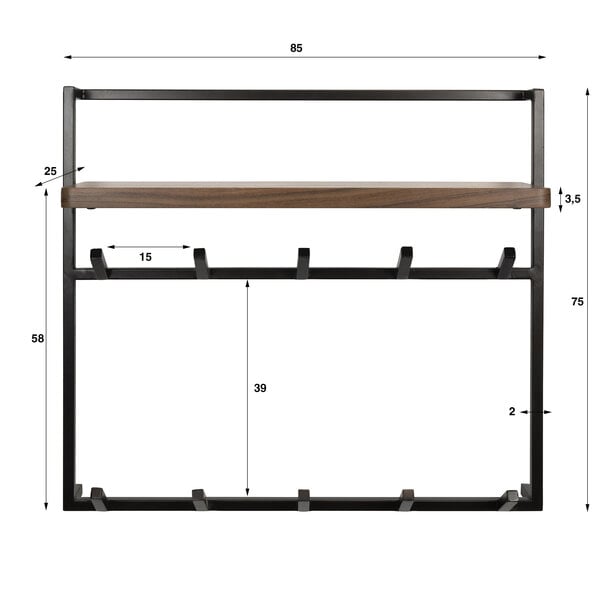 BelaLuz Modern industriële kapstok Como 12 haken Massief acacia bruin