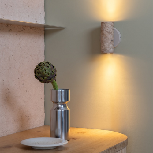 Moderne Japandi wandlamp Tivoli 2-lichts travertin zand