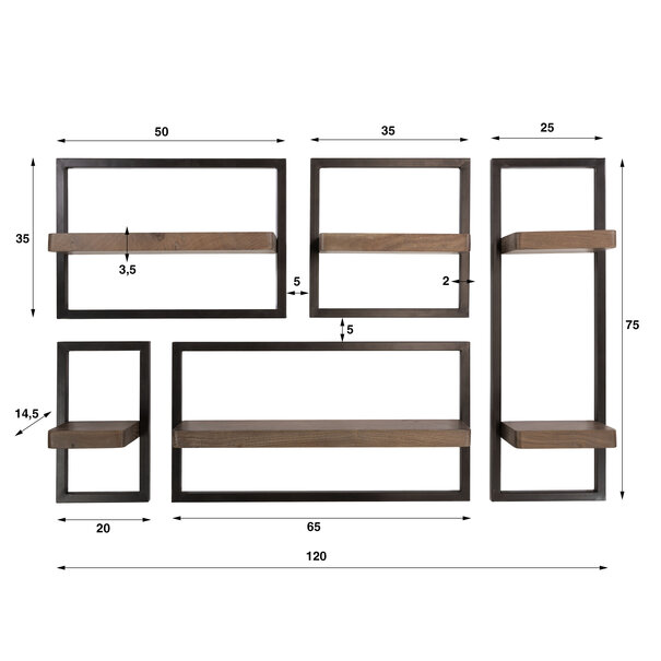 BelaLuz Moderne wandschap Carve set van 5 Massief acacia bruin met brons frame