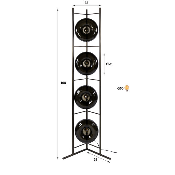 BelaLuz Modern industriële vloerlamp Sorro 4-lichts Sienna brown