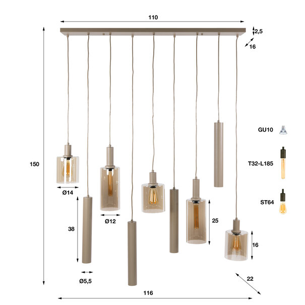 BelaLuz Moderne hanglamp Calenza 9-lichts beige