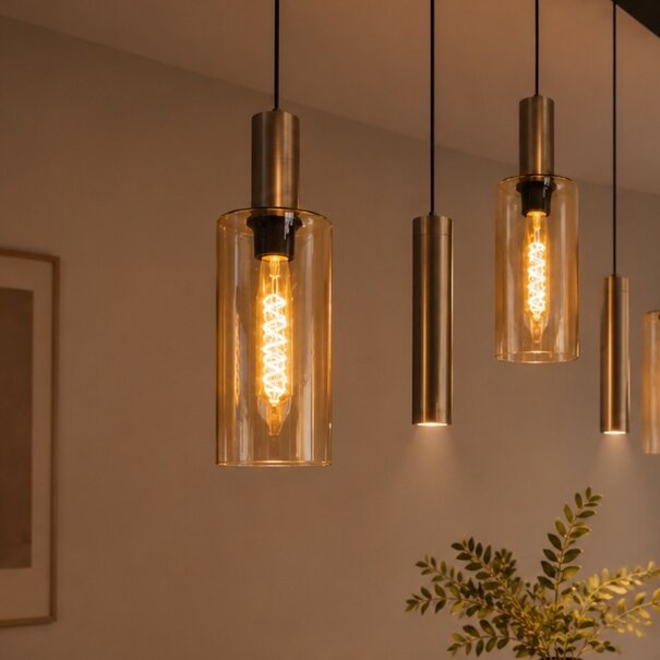Highlight Moderne Hotel Chique hanglamp Perugia 5-lichts brons met amber glas