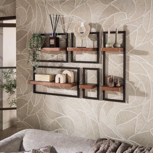 Wandplanken set Carve van 5 stuks massief acaciahout bruin met brons frame