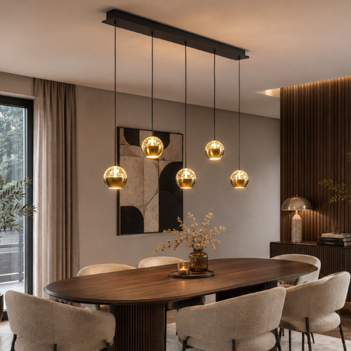 Hotel chique hanglamp Belluno 5-Lichts goud en amber glas