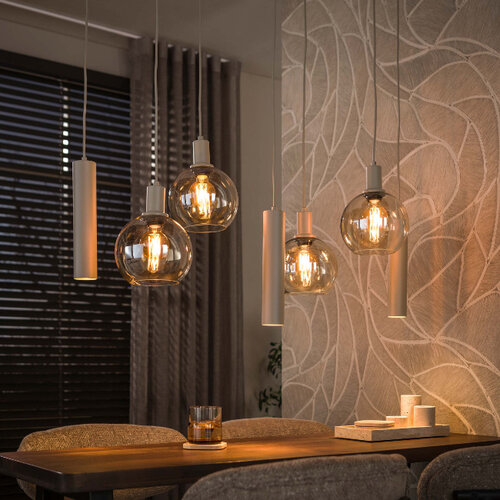 Moderne hanglamp Poly 7-lichts beige met licht amber glas