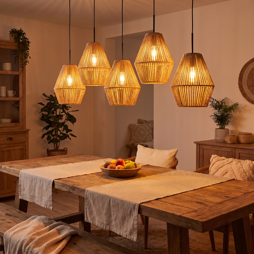 Oosterse hanglamp Ropex 5-lichts op balk bruin-crème