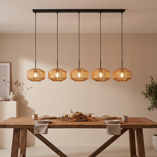 Ibiza Oosterse hanglamp Ropex 5-lichts op balk met touw kappen