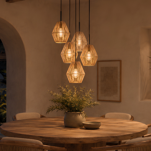 Oosterse hanglamp Ropex 5-lichts getrapt hoog touw bruin-crème