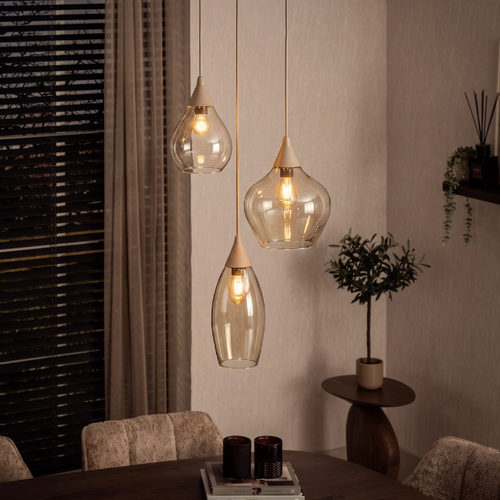 Hotel chique hanglamp Cambio 3-lichts rond zand met amber glas