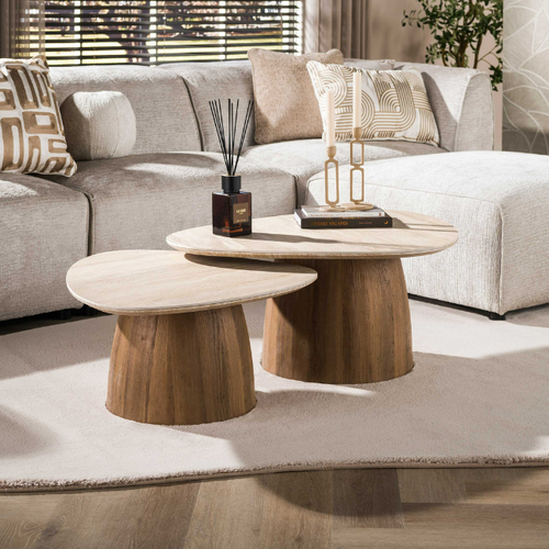 Moderne Japandi salontafel Romano 2-set travertinlook driehoekig