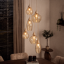 Japandi hanglamp Cambio 6-lichts rond getrapt zand met amber glas