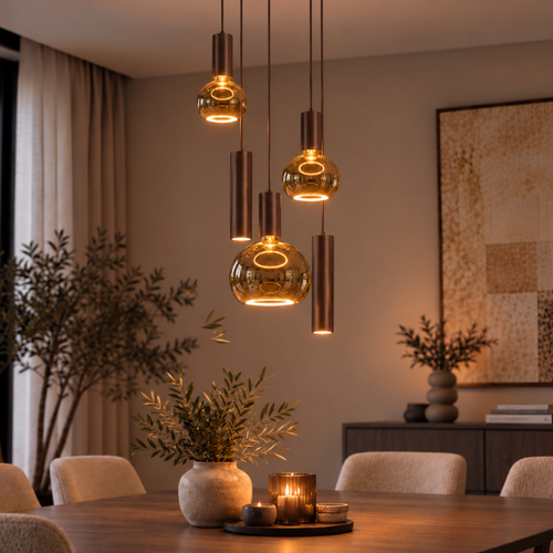 Moderne hanglamp Locarno 5-lichts getrapt choco bruin