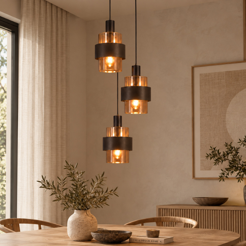 Hotel chique hanglamp Marrone 3-lichts rond choco met bruin glas