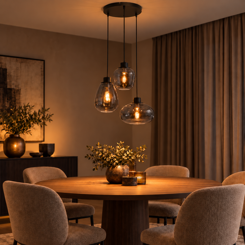 Moderne hanglamp Reflexion 3-lichts zwart met smoke glas