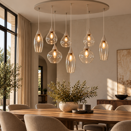 Hotel chique hanglamp Cambio 8-lichts ovaal zand met amber glas