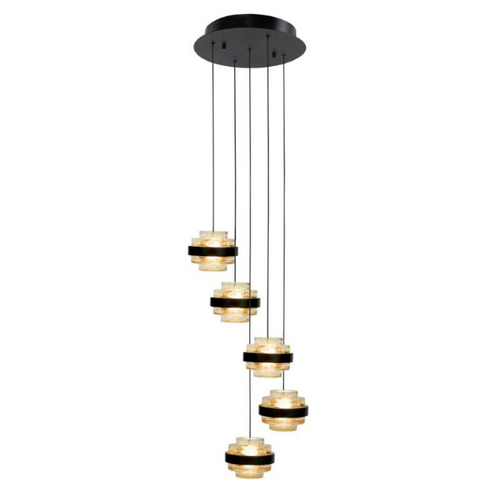Moderne hanglamp Dynasty 5-lichts getrapt zwart met champagne glas
